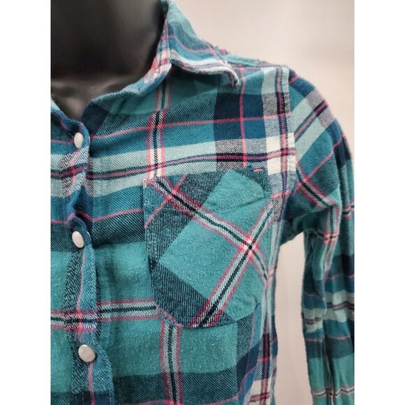 Tractr Long Sleeve Button Up Shirt Youth Medium Blue Plaid Pocket Pearl Snap - Picture 3 of 12